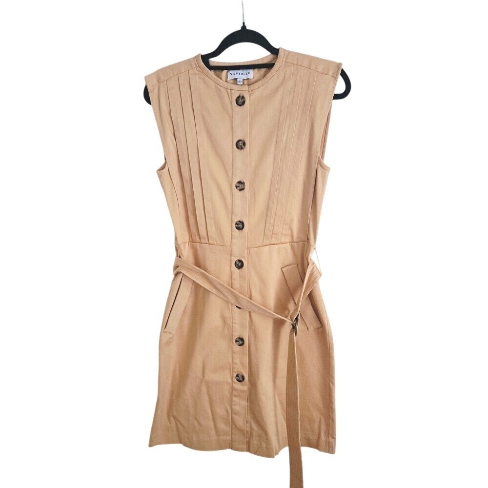 Navybleu Womens Small Tan Sleeveless Button Front‎ Belted Pintuck Mini Dress